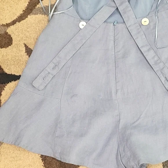 Light Wash Criss Cross Open Back Romper (Size S) Linen Flare Short Shorts - Picture 9 of 10